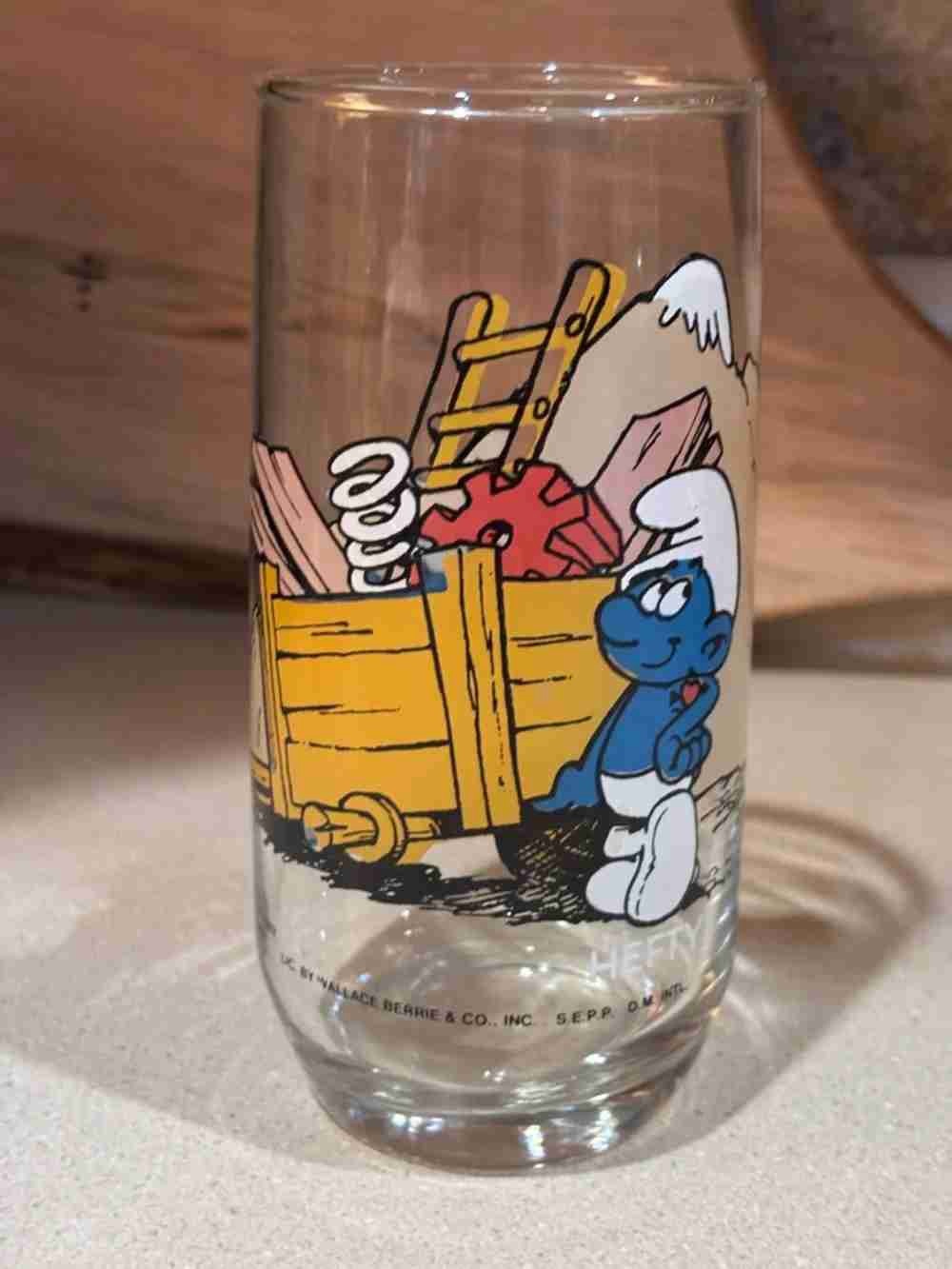 Blue Smurf Cartoon Glass with Yellow Wagon Art